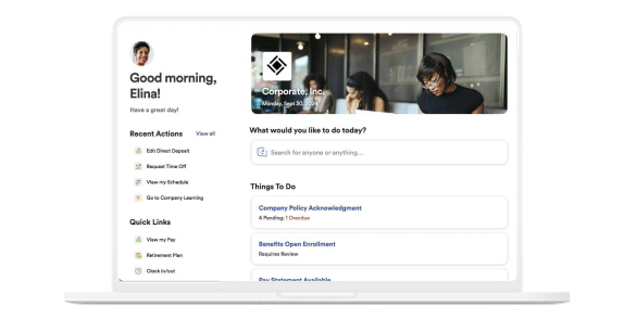 A laptop displays ADP Lyric HCM, showing a personalized dashboard with recent actions, to-do items, quick links and a search bar for employees.