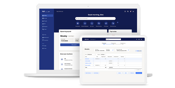 A laptop and tablet display RUN Powered by ADP’s interface, showing payroll management features, upcoming tasks and employee data entry.