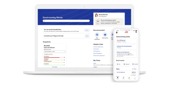 A laptop and smartphone display ADP Workforce Now, showing pay profiles, employee information and personalized payroll updates.