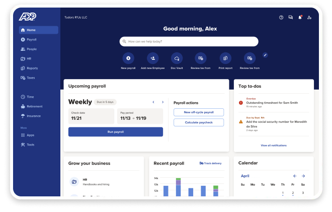 An ADP dashboard interface showing payroll information, to-do list, and calendar. Features include options for reports, taxes, recent payroll graphs, and notifications.