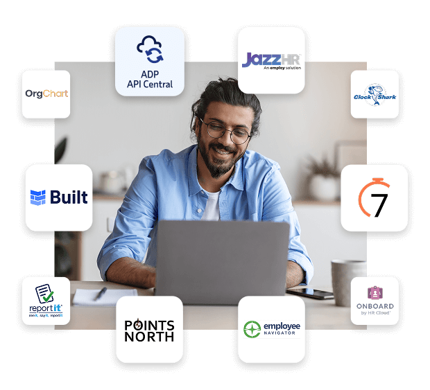 Man on laptop device surrounded by other popular ADP Marketplace logos, including ADP API Central, JazzHR, Clock Shark, 7shifts, Onboard by HR Cloud, Points North, Employee Navigator, Report It, Built, and Org Chart