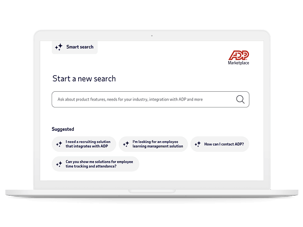 ADP Marketplace search on a laptop device showing search bar and suggested queries.