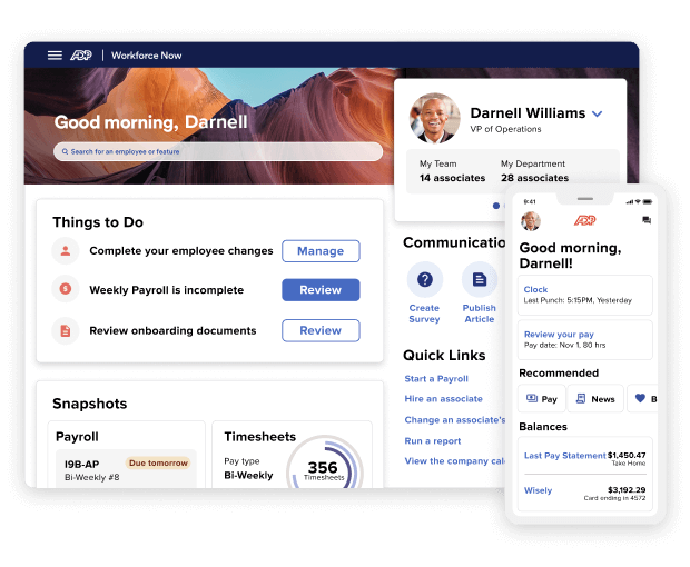 ADP Workforce Now dashboard on laptop and mobile device