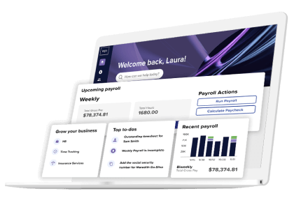 Inset screens of payroll upcoming weekly payroll and compliance to-do notifications