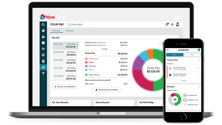 ADP TotalSource/PEO desktop dashboard and mobile app.