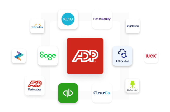 ADP logo surrounded by other logos, including Workday, Xero, HealthEquity, Rightworks, ZayZoon, Sage, ADP API Central, Wex, ADP Marketplace, Quickbooks, Clear Co., ZipRecruiter