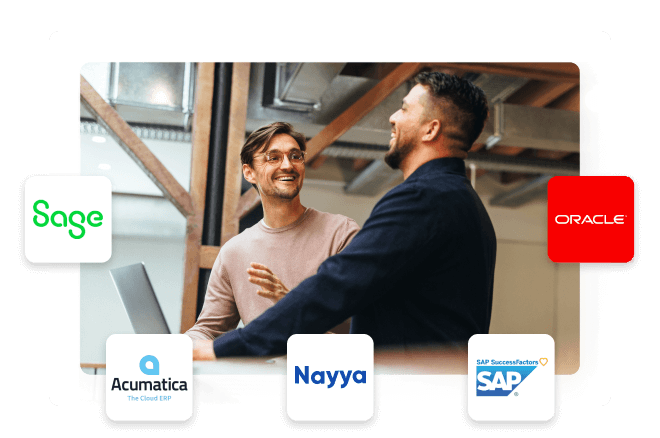 logo list: Sage, Acumatica, Nayya, SAP SuccessFactors, Oracle