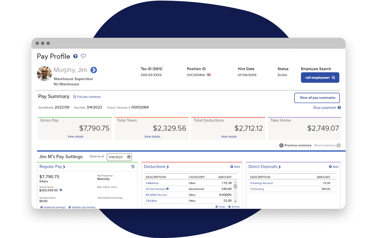 Web browser screenshot of employee pay profile