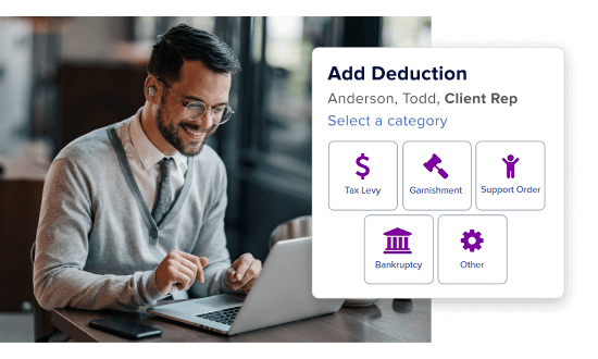 A smiling businessman at a laptop selects a category on an 'Add Deduction' payroll screen.